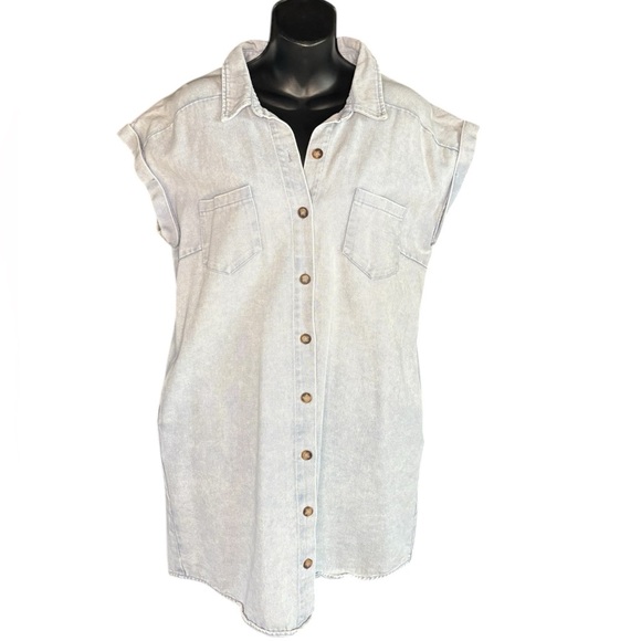 She + Sky Full Size denim Folded Cuff Button Down Washed Twill Shirt Dress sz L - Picture 3 of 8
